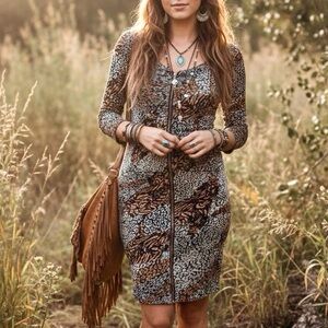 LAPIS Animal Abstract Print Zip-Front Bodycon Dress Cheetah Edgy Party Boho